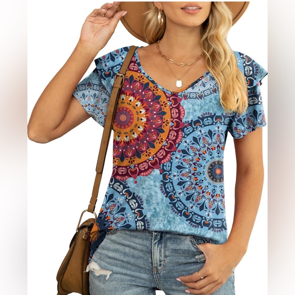 New Womens Summer Casual V Neck Ruffle Short Sleeve T Shirts Loose Fit Blouses